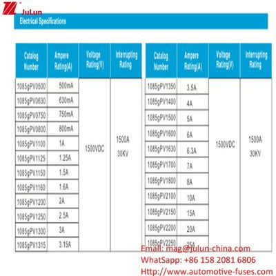 10*85mm 10A 1500V इलेक्ट्रिकल उपकरण के लिए उच्च वोल्टेज फोटोवोल्टिक फ्यूज