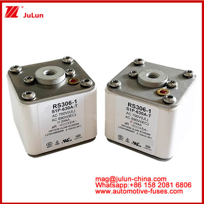 RS306-1 S1P-630A-T AC700 ((UL) Ar AC690V ((IEC) 200KV स्क्वायर कैरेमिक फ्यूज EV या HEV इलेक्ट्रिक वाहन ट्रैक्शन