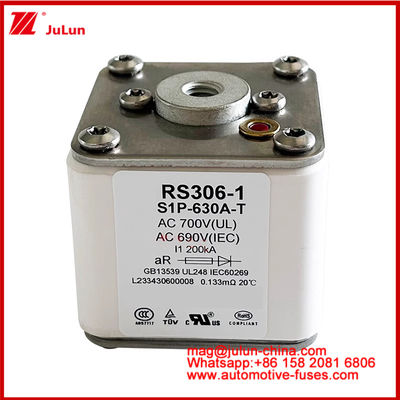 RS306-1 S1P-630A-T AC700 ((UL) Ar AC690V ((IEC) 200KV स्क्वायर कैरेमिक फ्यूज EV या HEV इलेक्ट्रिक वाहन ट्रैक्शन