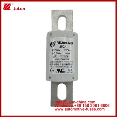 250A 500VAC Ev फ्यूज RS309-MD-200KA 500VDC 50KA AR कैरेमिक डीसी प्रदर्शन ट्यूबलर ऑटोमोबाइल बोल्ट स्टड माउंट