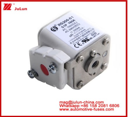 RS306-01-S1P160A AC700 ((UL) AR AC690V ((IEC) 200KV स्क्वायर सिरेमिक फ्यूज EV या HEV स्टड-माउंट छोटा आकार उच्च रेटेड करंट शॉर्ट सर्किट सुरक्षा तोड़ने की क्षमता