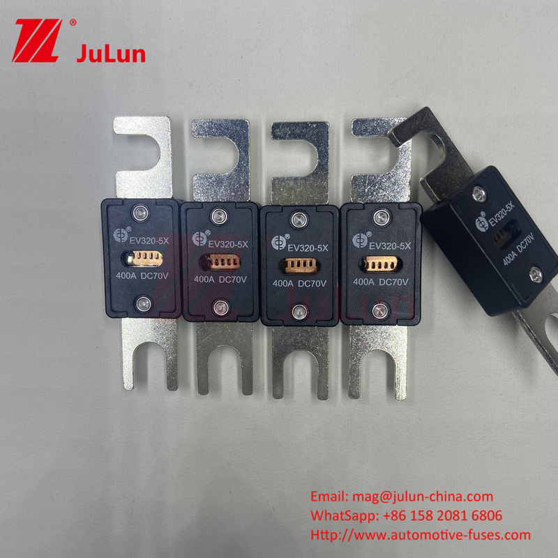 EV320-5C-400A-N 70VDC ओवरलोड और शॉर्ट सर्किट सुरक्षा के लिए ब्लैक कॉपर ऑटो ब्लेड फ्यूज