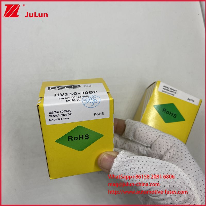 HV150 फ्यूज 32BP 30A DC500V बोल्ट ट्यूबलर इलेक्ट्रिक वाहन ऑटोमोटिव बैटरी चार्जर जिसमें इंटरप्टिंग रेटिंग DC500V/20KA है