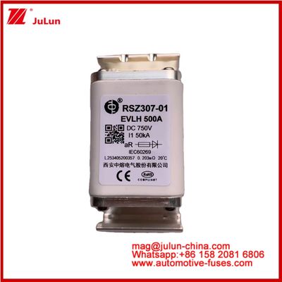 RSZ307-01 EVLH 500A 750VDC फ्यूज 50KA स्क्वायर सिरेमिक ऑटोमोटिव चार्जर इलेक्ट्रिक वाहन उपकरण और उपकरण छोटे आकार कम पिघलने I2t मूल्य उच्च तोड़ने की क्षमता ऊर्जा